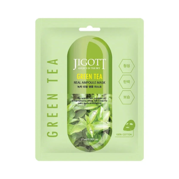 Jigott – Green Tea Real Ampoule Mask - lakštinė veido kaukė (1 vnt.)
